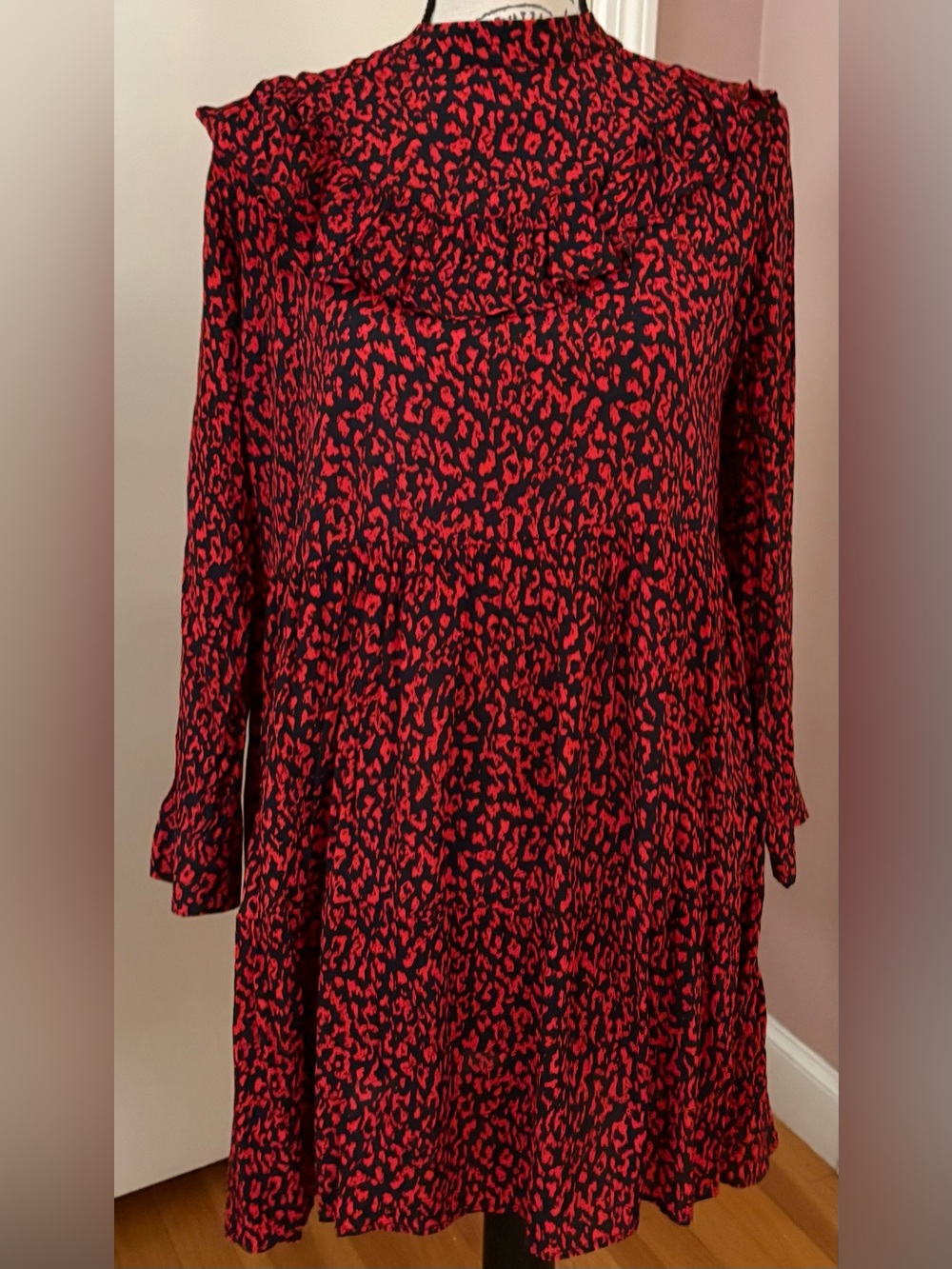 Zara Red and Black Printed Long-Sleeve Ruffle Dress